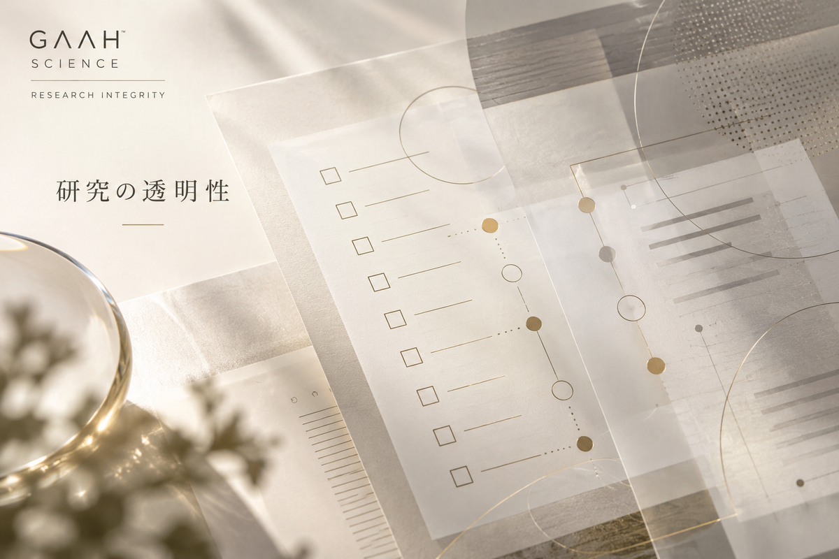 GAAH Science「研究の透明性」。重なる書類と抽象的な図形で研究計画と結果の照合を表現したイメージ。実際の研究データではありません。