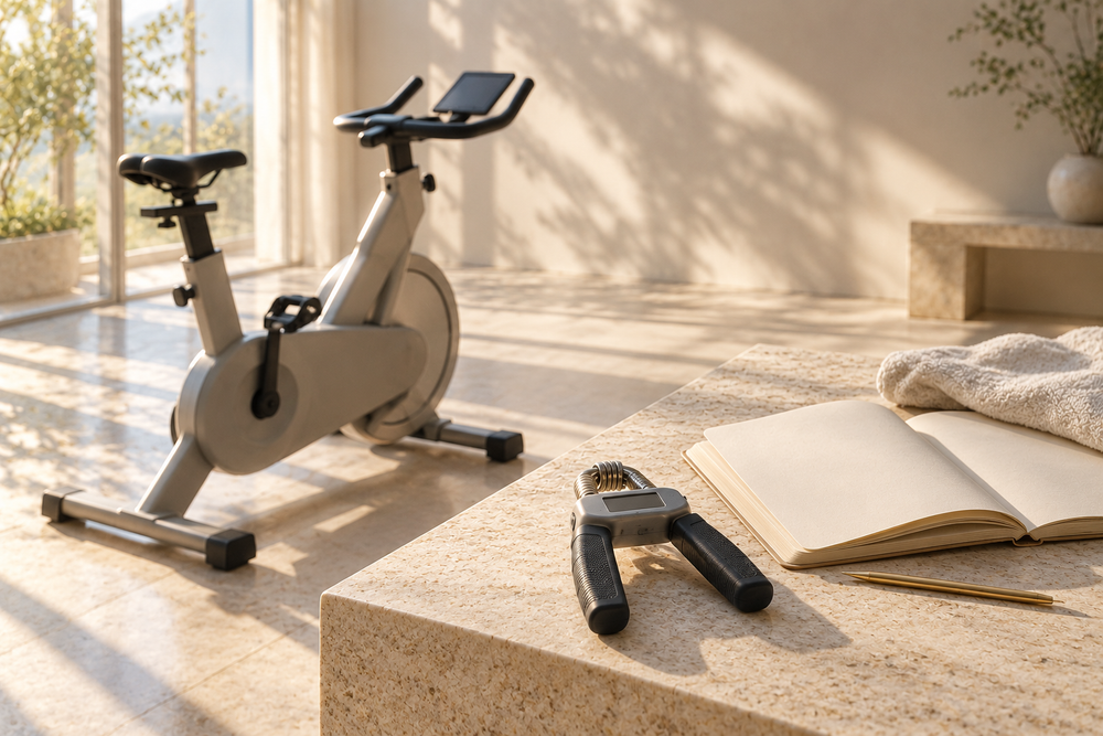5-ALA運動研究：自転車エルゴメーターと握力測定器のAI生成概念画像