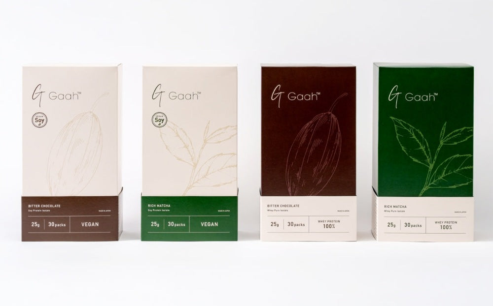 GAAHのホエイ・ソイプロテイン、チョコレート・抹茶の4種類